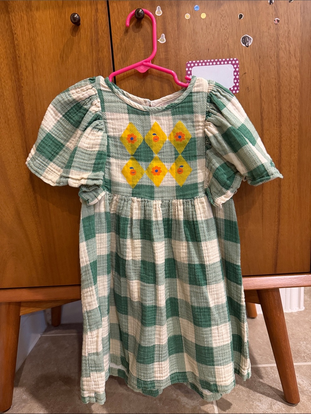 Green Plaid Cotton Kids Casual Dress with Yellow Embroidered Accent